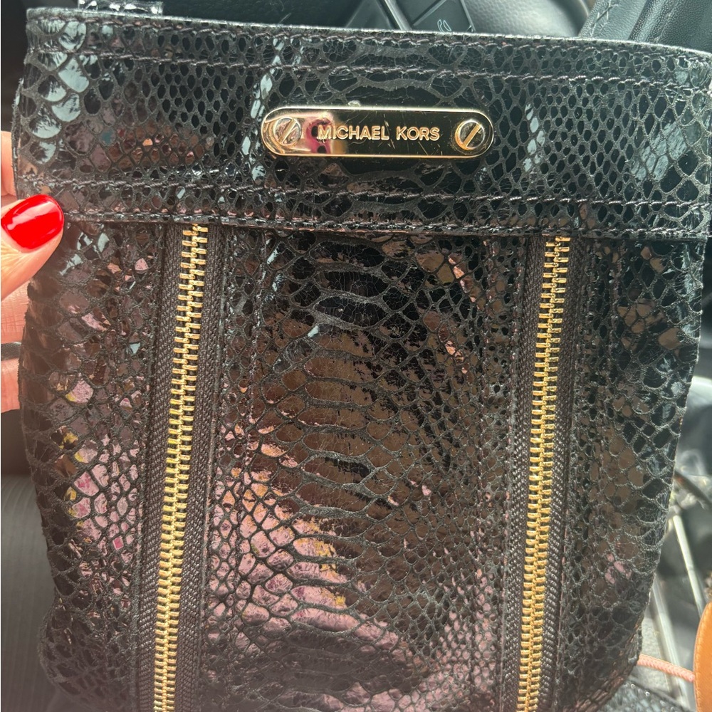 Michael Kors Black and Gold Crossbody Bag with Snakeskin Texture